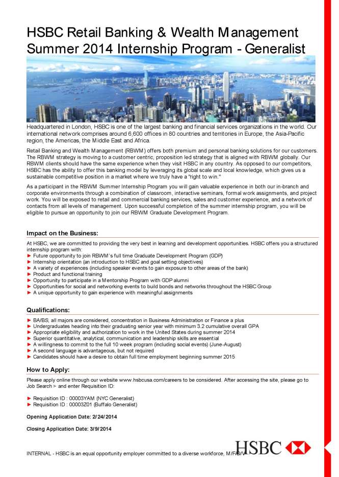 HSBC Summer 2014 Internship Flyer - Generalist