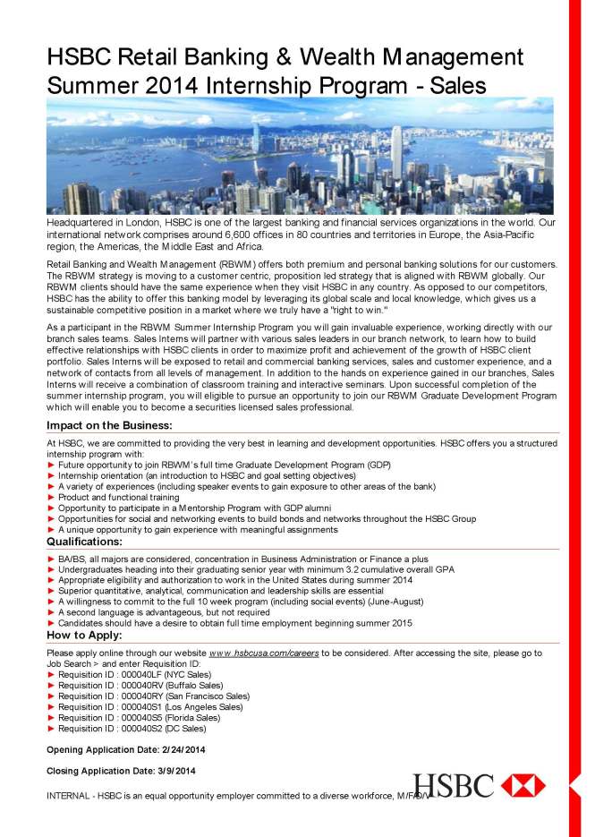 HSBC Summer 2014 Internship Flyer - Sales